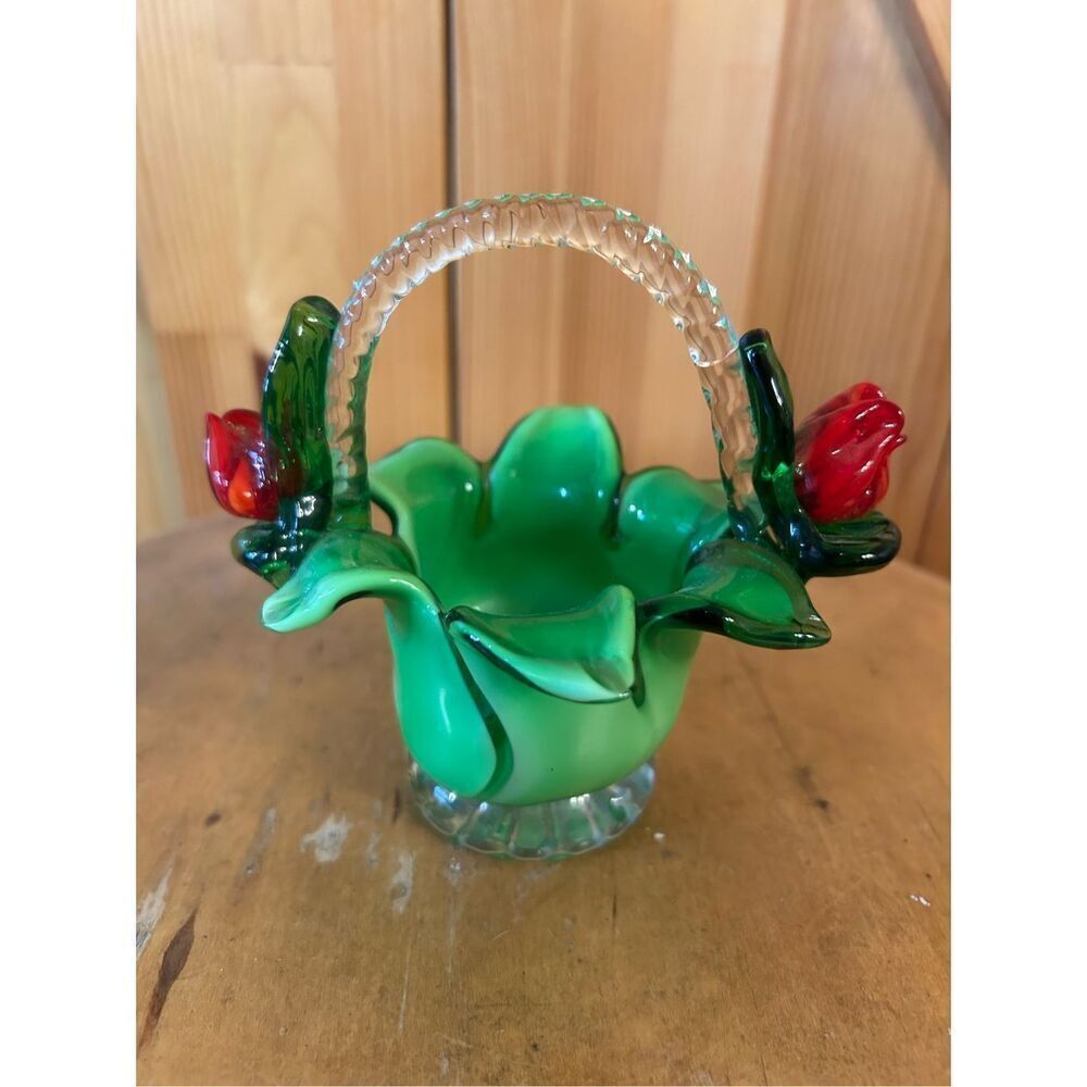 Blown Glass Flower Basket Green Red accent Rose Decor Granny (8707)